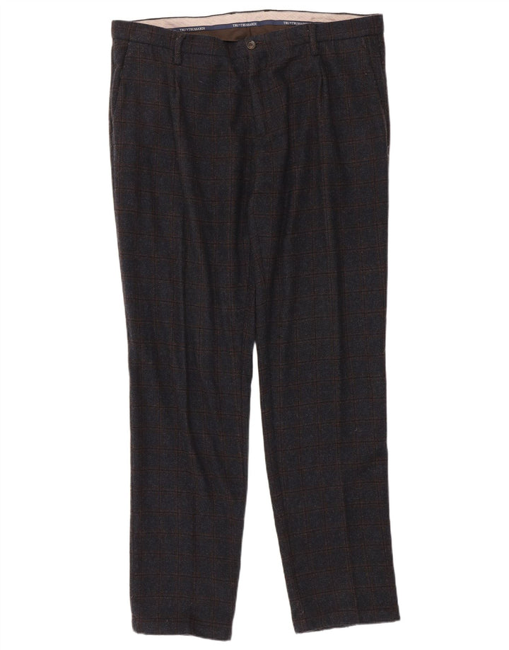 Trussardi Herren-Anzughose, gerade, W38, L33, Marineblau kariert