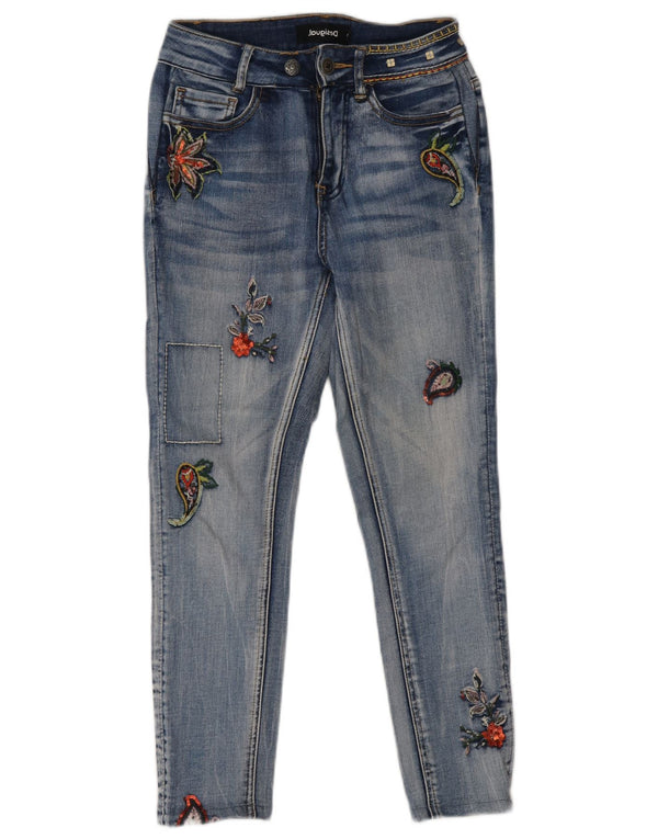 Desigual Damen Graphic Slim Jeans W24 L24 Blau geblümte Baumwolle