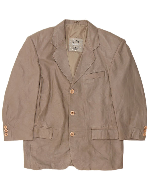 VINTAGE Damen 3-Knopf-Lederblazerjacke UK 16 Großes graues Leder