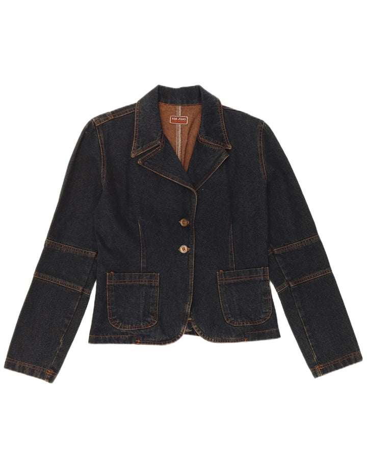 VINTAGE Damen 2-Knopf-Denim-Blazerjacke UK 12 Mittelmarineblaue Baumwolle