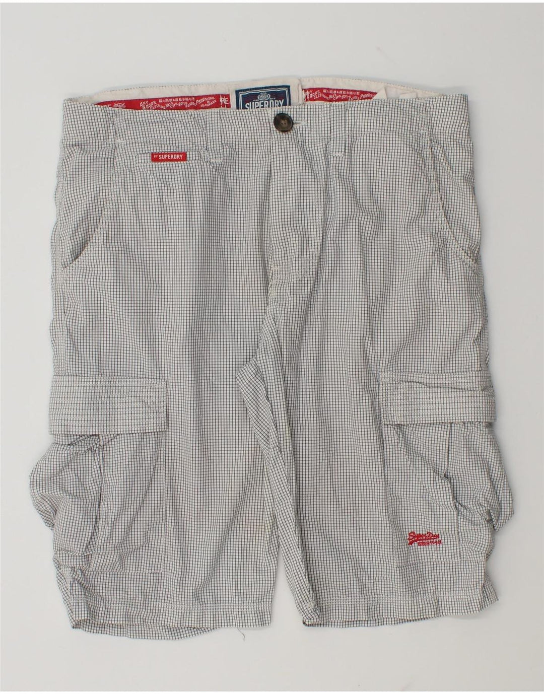 Superdry Herren-Cargoshorts, Größe L, W36, weiße Gingham-Baumwolle