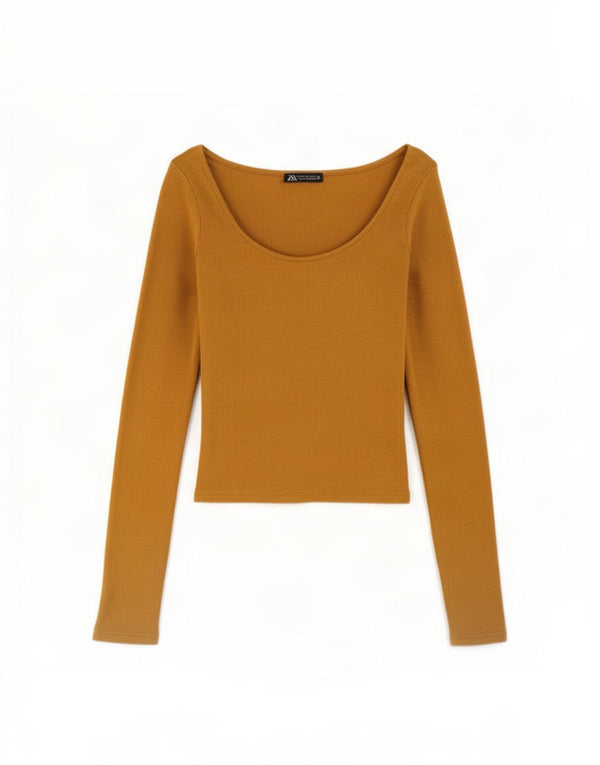 Zara Damen Crop Top Langarm UK 4 XS Braune Baumwolle