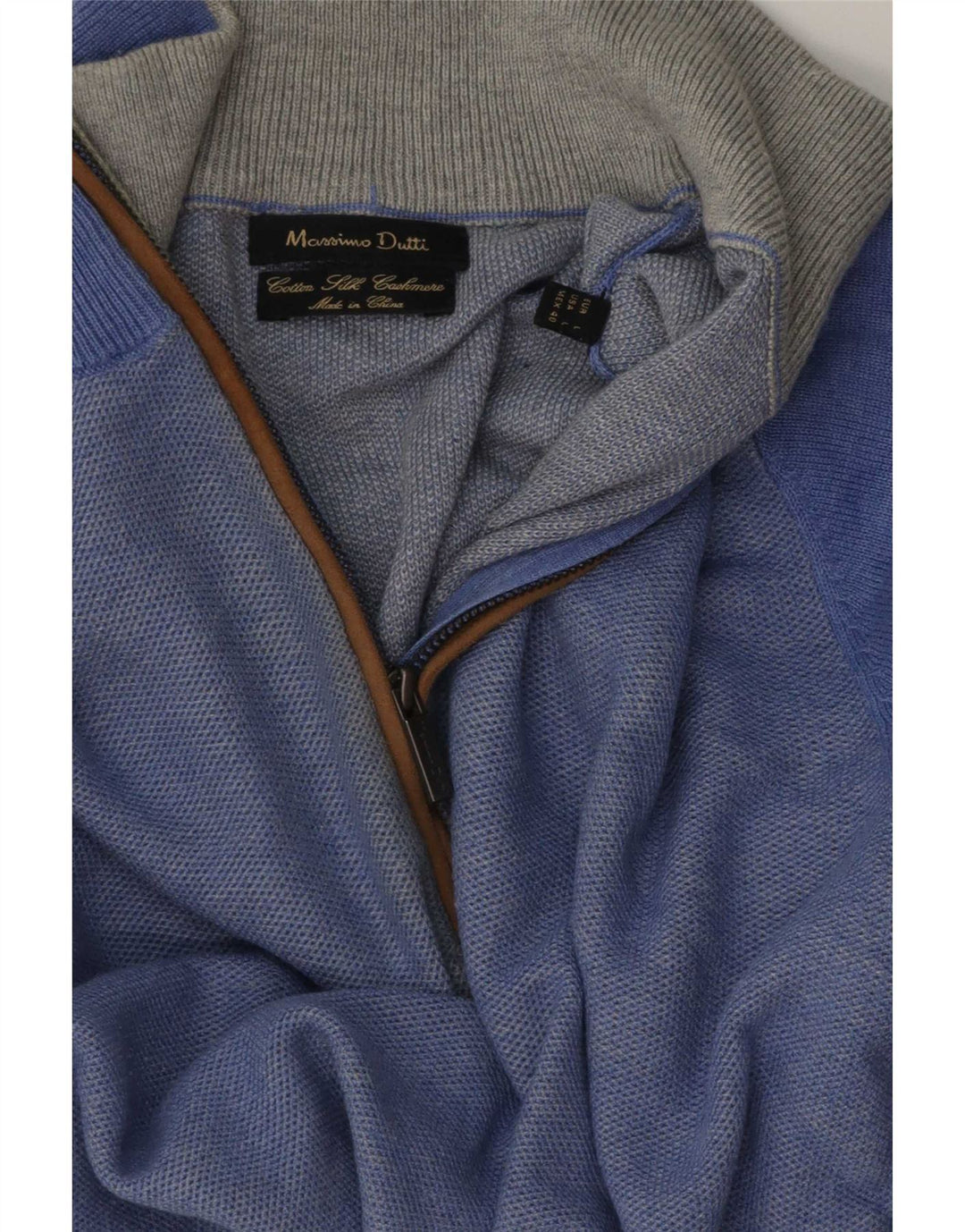 Massimo Dutti Herren-Pullover mit Reißverschluss am Hals, groß, aus blauer Baumwolle