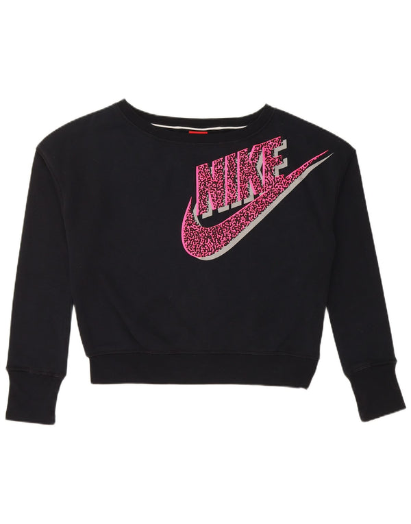 NIKE Girls Crop Graphic Sweatshirt Jumper 13-14 Years XL Black Cotton
