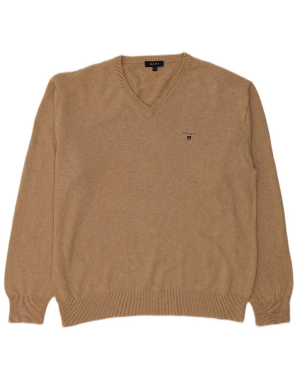 GANT Mens V-Neck Jumper Sweater XL Beige Cotton