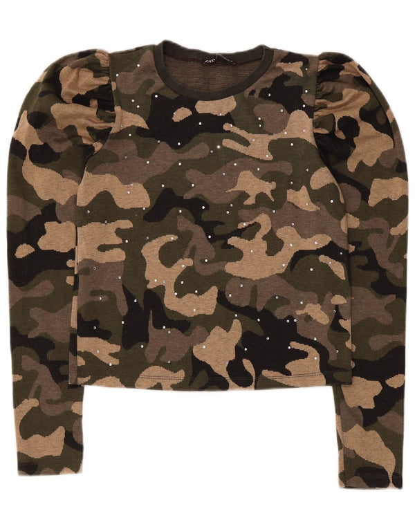 Zara Damen Crop Top Langarm UK 10 Small Khaki Camouflage