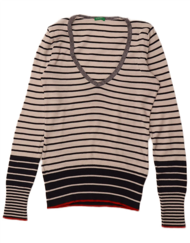 BENETTON Womens V-Neck Jumper Sweater UK 8 Small White Striped
