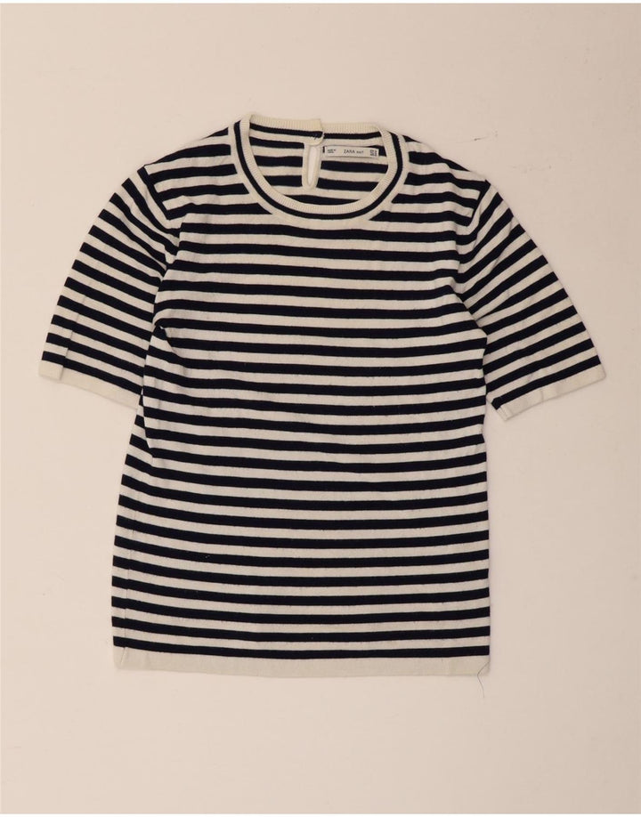 Zara Damen T-Shirt Top UK 12 Mittelweiß gestreift Viskose