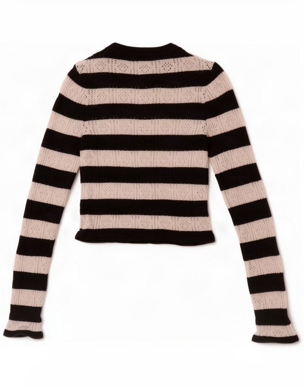 Oasis Damen Strick-Crop-Top Langarm UK 4 XS Weiß gestreifte Viskose