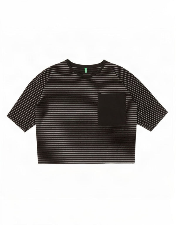 Benetton Womens Crop Oversized T-Shirt Top UK 10 Small Schwarzer Nadelstreifen