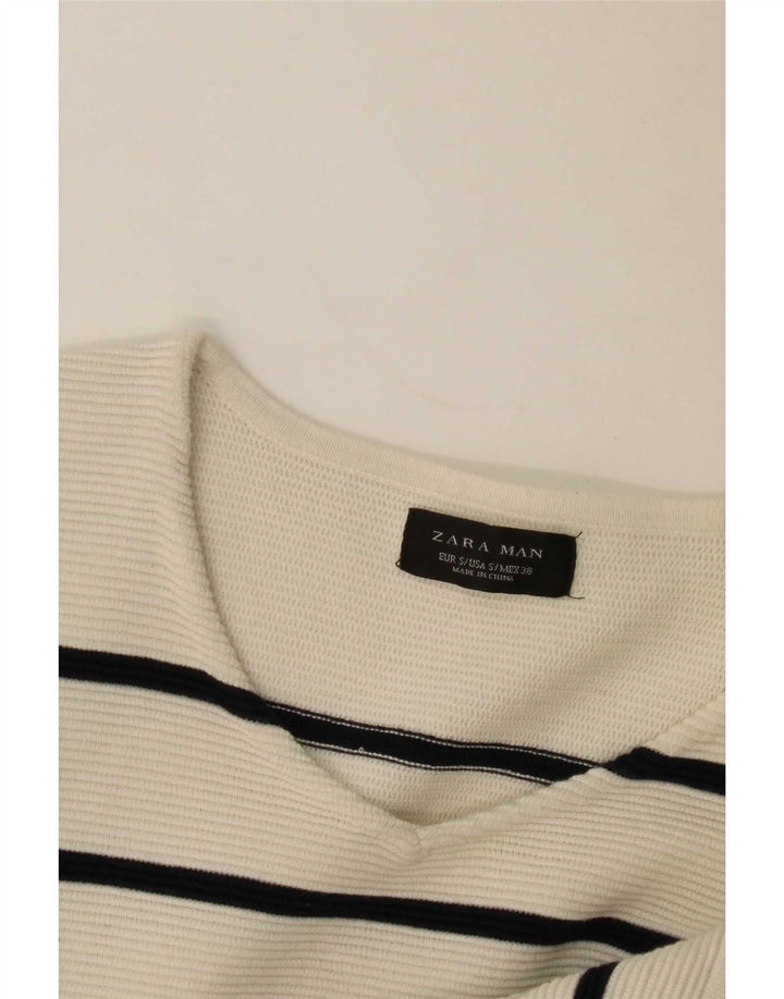 Zara Herren-Pullover mit V-Ausschnitt, klein, weiß gestreift