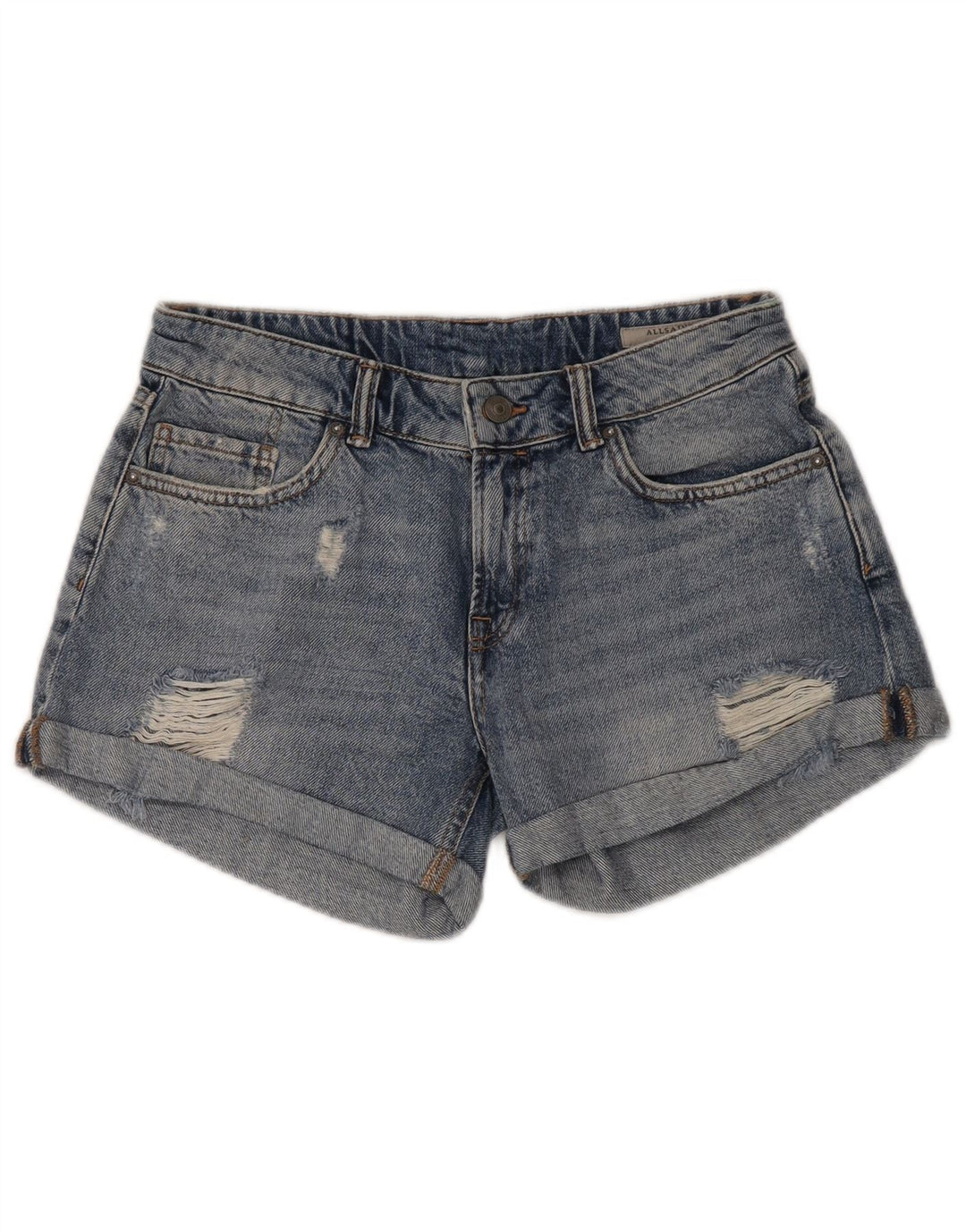 All Saints Damen-Jeansshorts im Distressed-Look, W30, mittelblaue Baumwolle