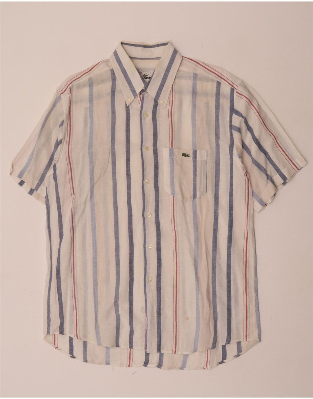 Lacoste Herren-Kurzarmhemd, Größe 42, großes, weiß gestreiftes Leinen