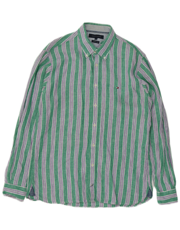 Tommy Hilfiger Herrenhemd, groß, grün gestreift, Leinen