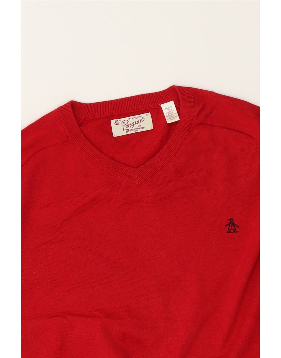 PENGUIN Mens V-Neck Jumper Sweater XL Red Cotton Vintage Penguin and Second-Hand Penguin from Messina Hembry 