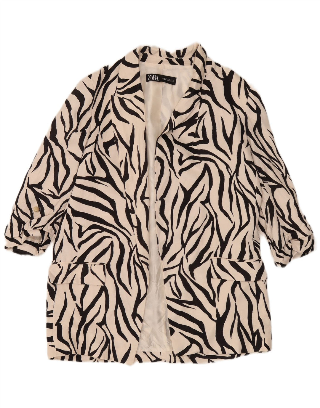 Offene Blazerjacke mit 3/4-Ärmeln von Zara für Damen, UK 14, mittelweiß, mit Tiermuster