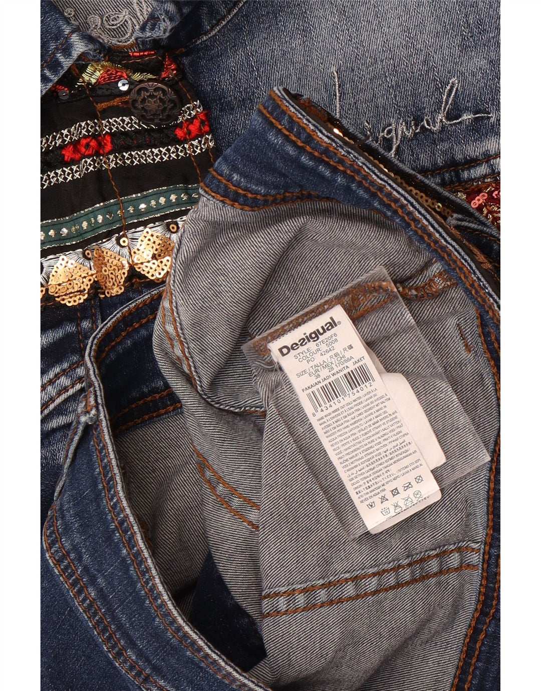 Desigual Damen Grafik-Jeansjacke EU 38 Mittelmarineblaue Blumenbaumwolle