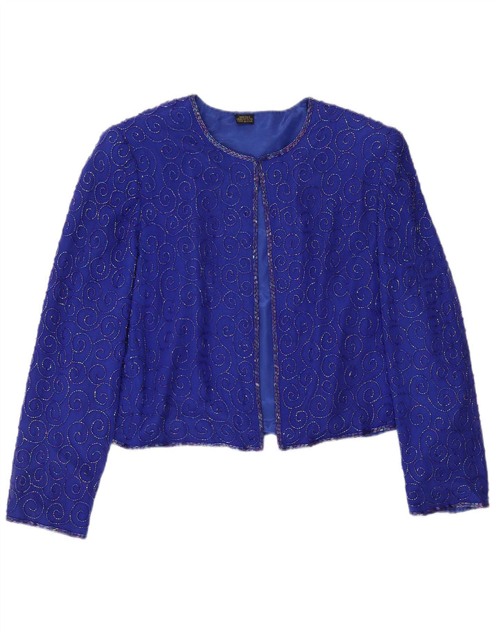 Vintage Damen Crop Blazer Jacke UK 14 Mittelblaue Seide