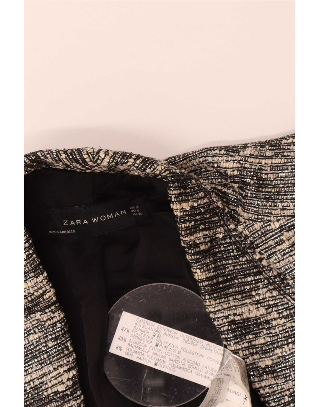Zara Damen Crop Open Blazer Jacke UK 10 Small Schwarz geflecktes Polyester