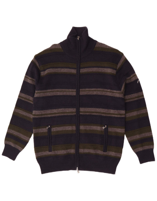 Vintage Herren Cardigan Pullover 2XL Marineblau gestreift Merinowolle