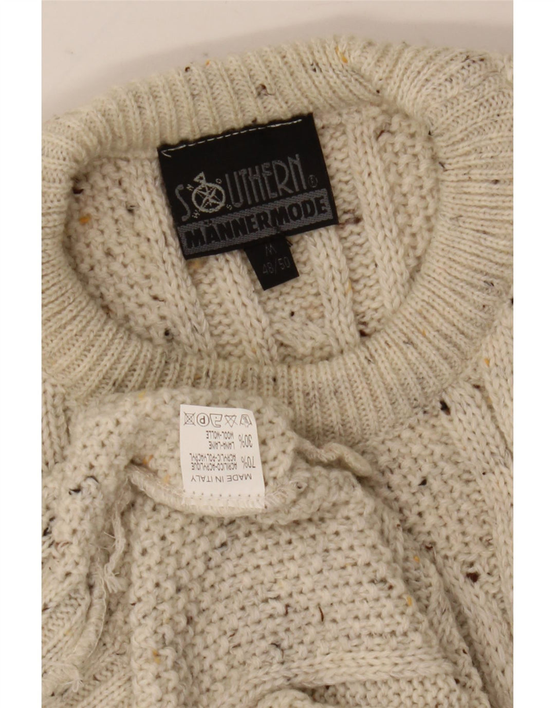 Vintage Herren-Pullover mit lockerer Passform, Rundhalsausschnitt, mittelgroß, cremefarben gefleckt