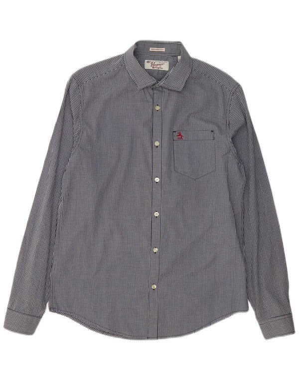 Penguin Herren Heritage Slim Fit-Hemd aus mittelblauer Gingham-Baumwolle in Marineblau