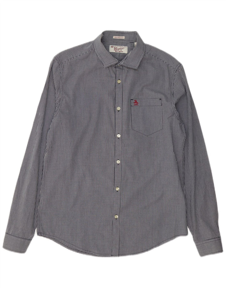 Penguin Herren Heritage Slim Fit-Hemd aus mittelblauer Gingham-Baumwolle in Marineblau