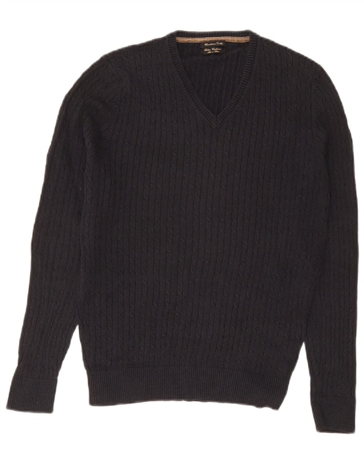 Massimo Dutti Herren-Pullover mit V-Ausschnitt aus mittelblauer Baumwolle