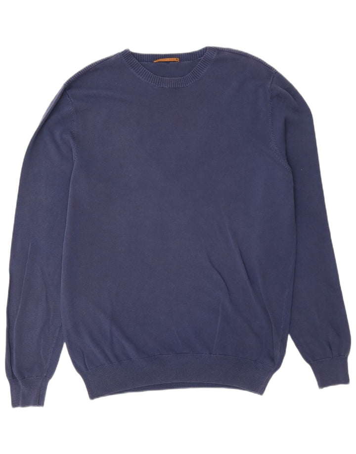 Massimo Dutti Herren-Pullover mit Rundhalsausschnitt, mittelmarineblaue Baumwolle