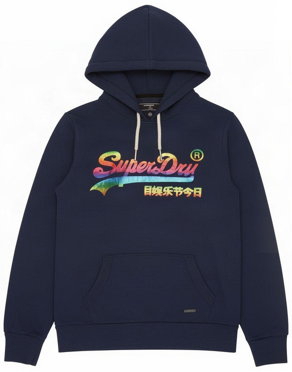 Superdry Womens Graphic Hoodie Jumper UK 12 Medium Navy Blue Cotton