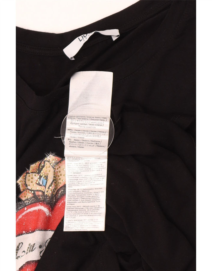 Liu Jo Damen Grafik T-Shirt Top UK 12 Medium Schwarz Viskose