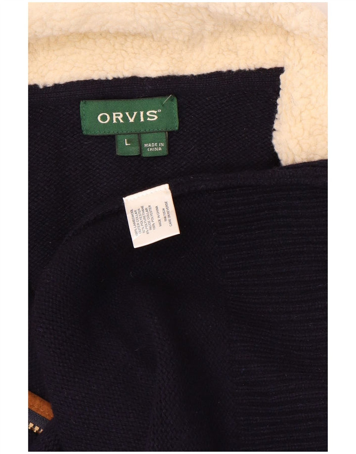 ORVIS Herren-Pullover mit Reißverschluss am Hals, groß, marineblaue Farbblock-Lammwolle