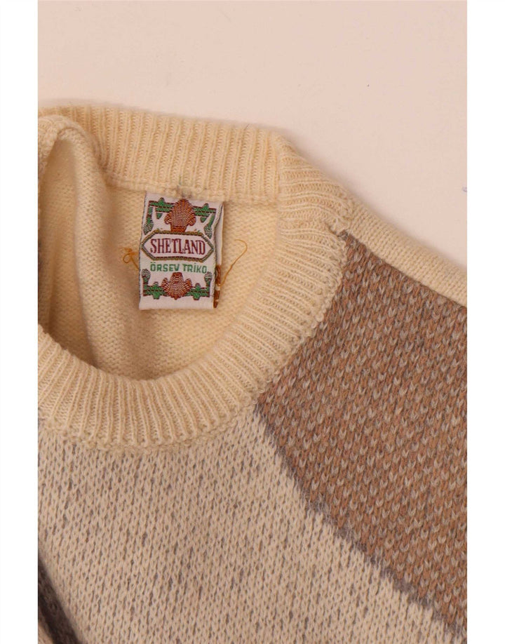 Vintage Herren-Pullover mit Rundhalsausschnitt, mittelgroß, aus weißer, geometrischer Wolle