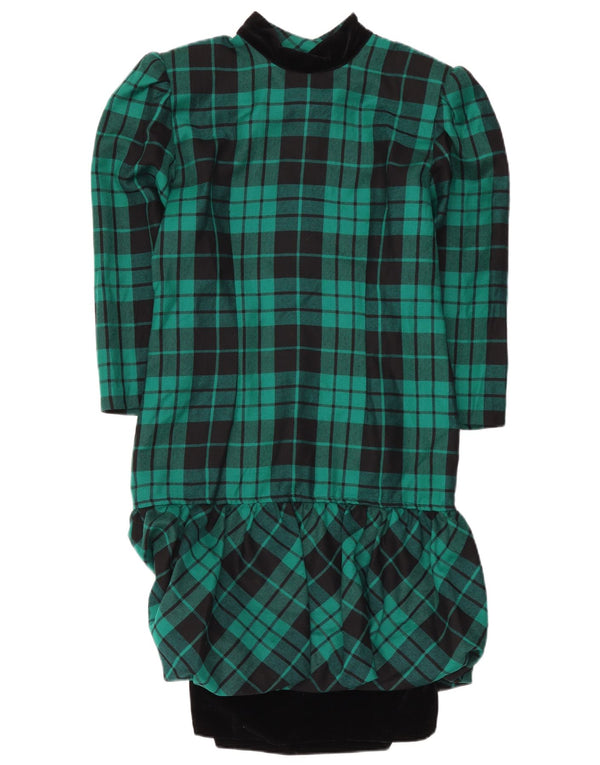 Vintage Damen Langarm-Schößchenkleid UK 12 Mittelgrün karierte Wolle