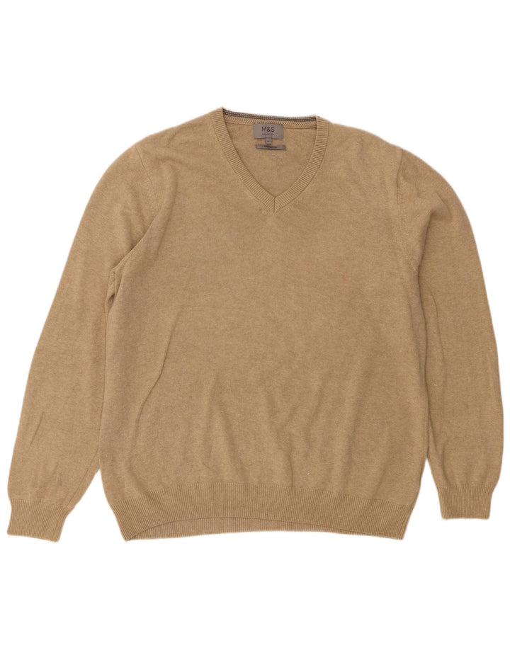 Marks & Spencer Herren-Pullover mit V-Ausschnitt, groß, beige Baumwolle