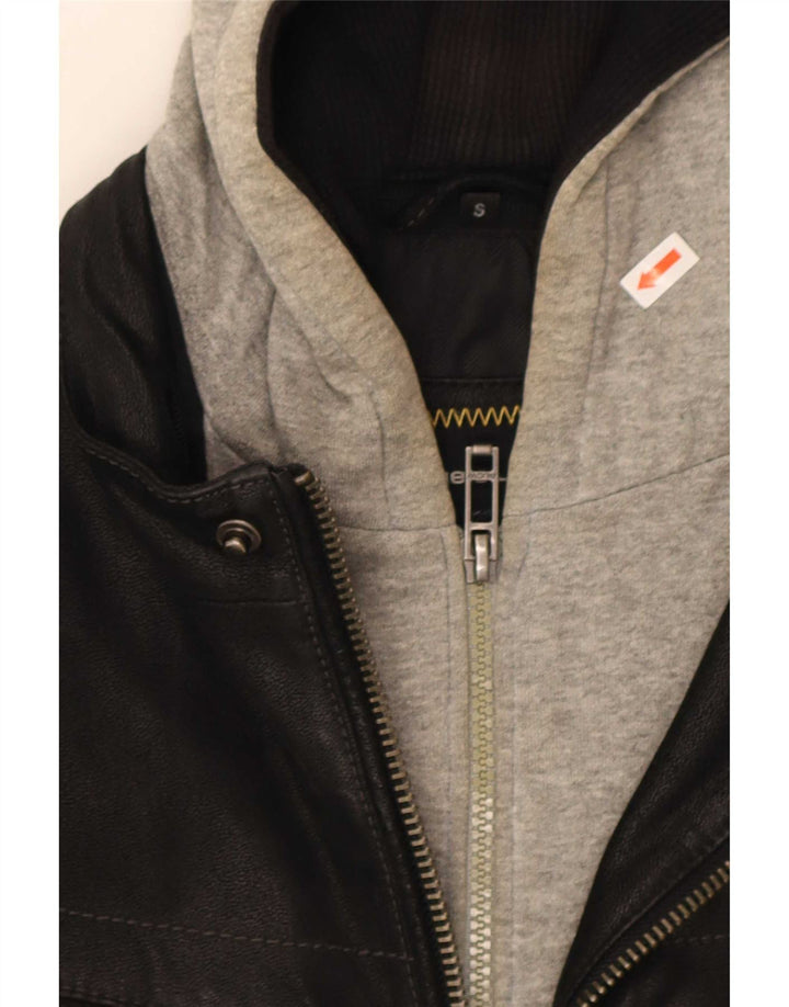 Angelo Litrico Herren-Lederjacke mit Kapuze, UK 36, Small, Schwarz, Farbblock