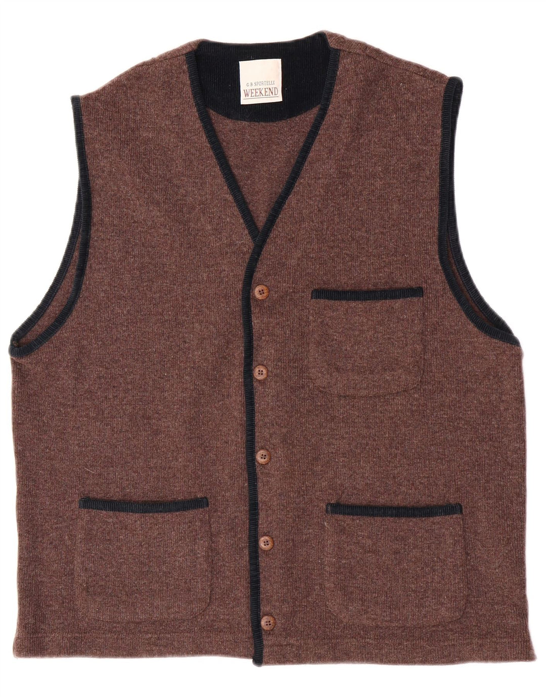 Vintage Herren Weekend Ärmelloser Cardigan Pullover Große braune Wolle