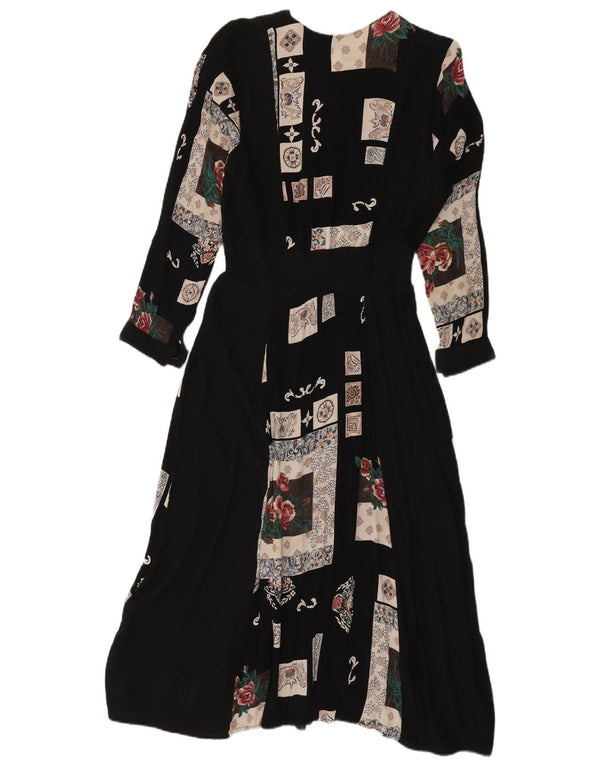 Vintage Damen Langarm A-Linie Kleid UK 18 XL Schwarz Patchwork