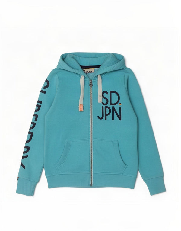 Superdry Womens Graphic Zip Hoodie Sweater UK 16 Large Blue Cotton