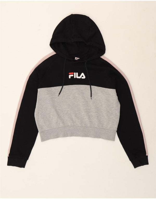 Fila Damen Crop Graphic Hoodie Pullover UK 14 Mittelschwarz Farbblock