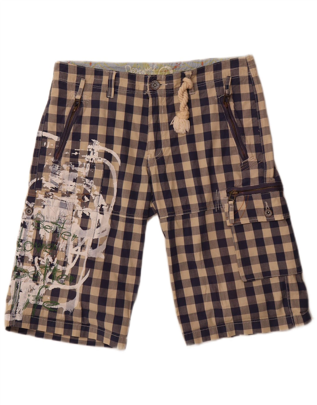 Desigual Damen Graphic Cargo Shorts EU 42 Large W34 Marineblau Gingham