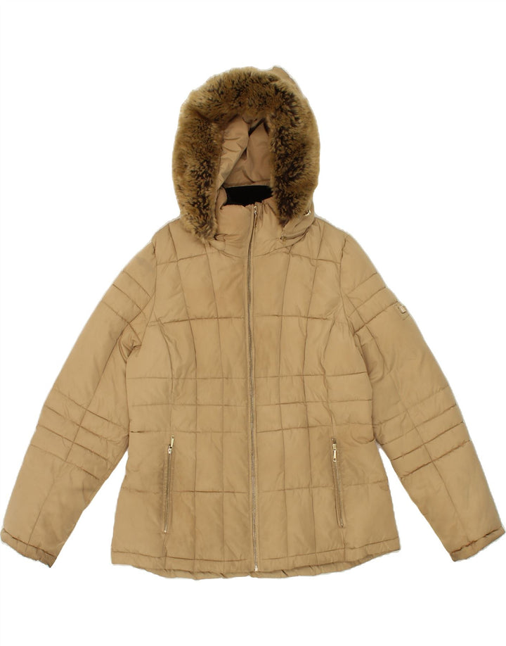 CALVIN KLEIN Womens Hooded Padded Jacket UK 16 Large Beige Polyester Vintage Calvin Klein and Second-Hand Calvin Klein from Messina Hembry 