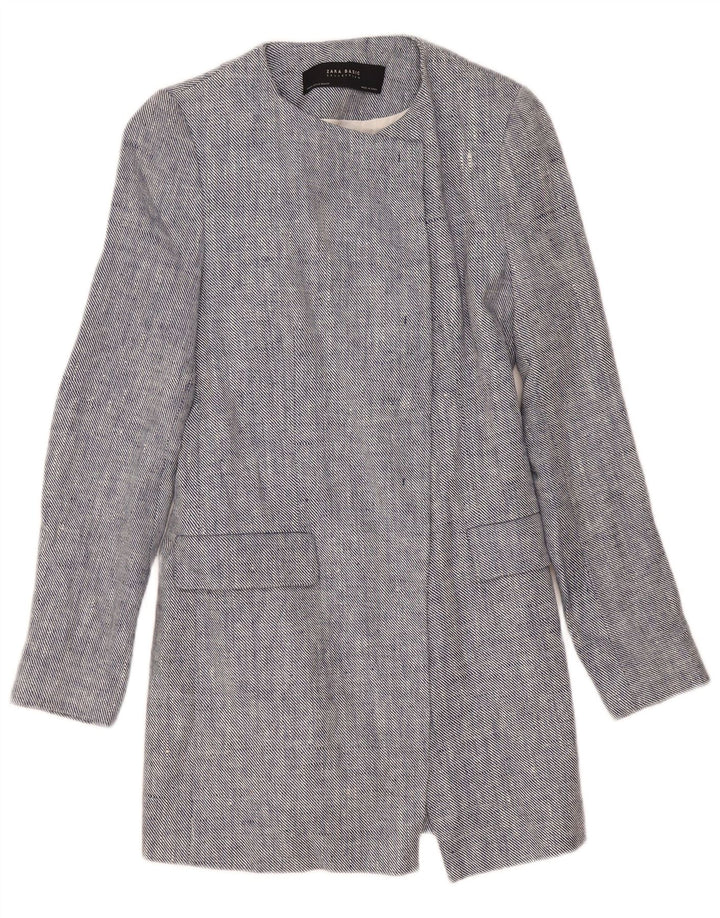 Zara Damen Longline Open Blazer Jacke UK 12 Mittelblaues Leinen