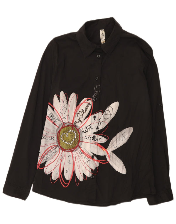 Desigual Womens Graphic Shirt UK 18 XL Schwarz geblümte Baumwolle
