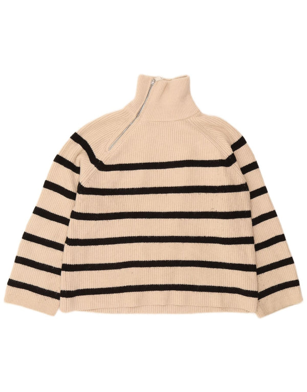 Zara Damen-Pullover mit Reißverschluss am Hals, UK 14, Mittelbeige, gestreift, Acryl