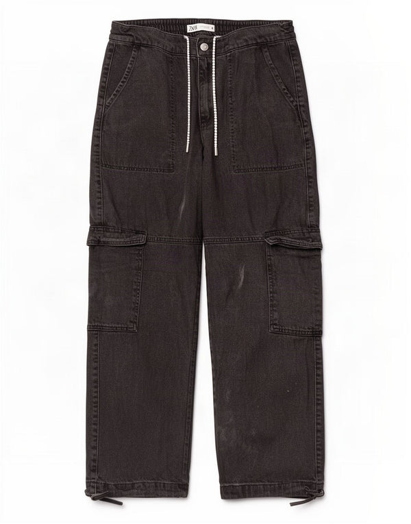 Zara Damen Cargo-Jeans mit weitem Bein, Größe S, W26, L28, Schwarz