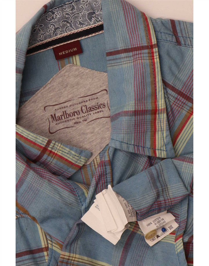 Marlboro Classics Herren-Kurzarmhemd aus mittelblau karierter Baumwolle
