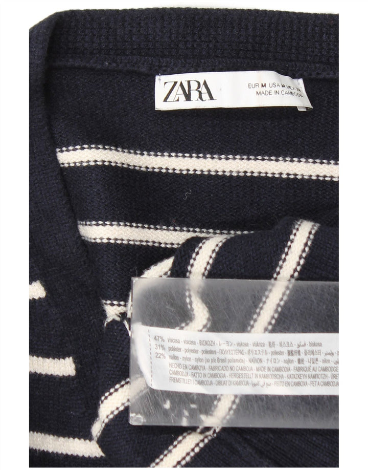 Zara Damen-Cardigan-Pullover UK 12 Mittelmarineblau gestreifte Viskose