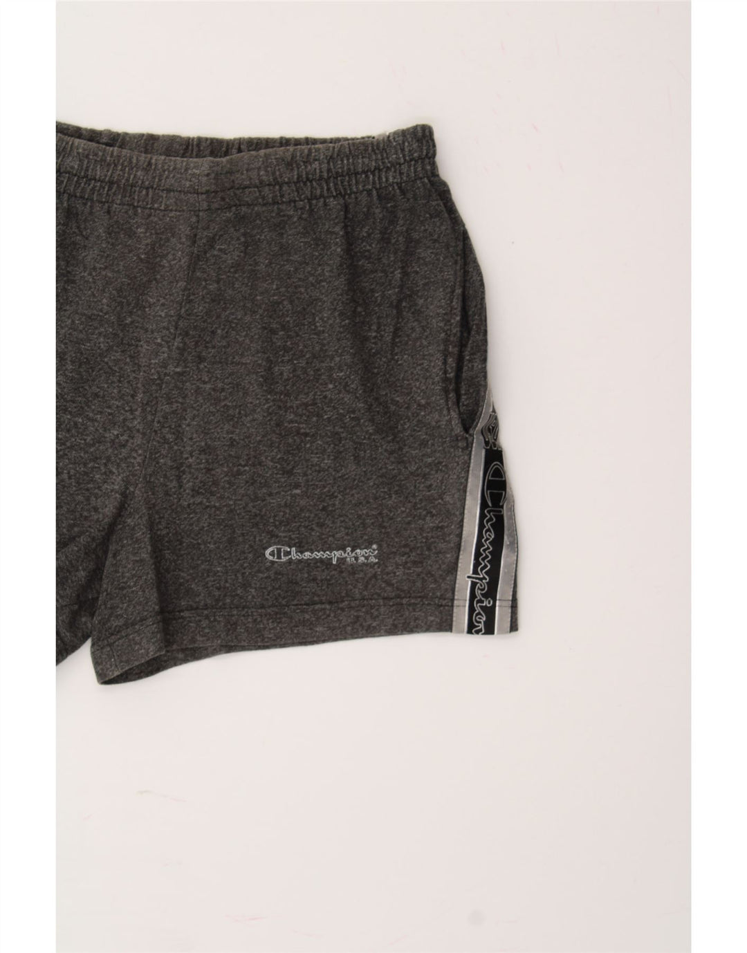 CHAMPION Womens Graphic Sport Shorts UK 14 Medium Grey Flecked Vintage Champion and Second-Hand Champion from Messina Hembry 