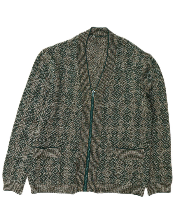 Vintage Damen Cardigan mit durchgehendem Reißverschluss, Gr. 16, groß, grün, geometrisch